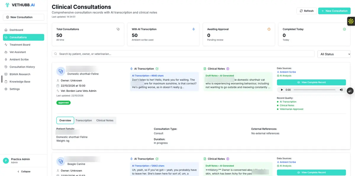 VetHubb consultations screen showing ambient scribe transcription, AI-drafted clinical notes, and vet approval workflow on each patient record